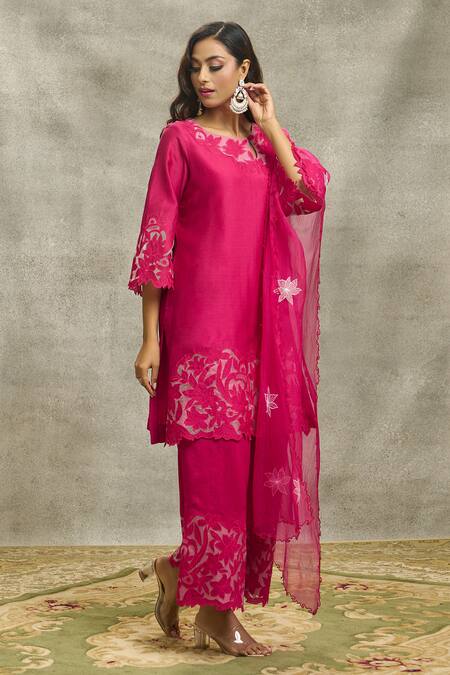 Shop_Surabhi Arya_Red Silk, Organza, Chanderi Embroidery, Cut Work Round Kurta Set With Dupatta _Online_at_Aza_Fashions