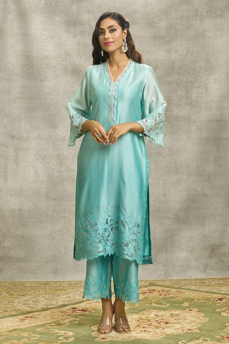 Shop_Surabhi Arya_Blue Silk, Chanderi Embroidery V-neck Thread Hand Kurta And Palazzo Set _Online_at_Aza_Fashions