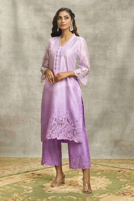 Surabhi Arya Purple Silk Chanderi Hand Embroidered Floral Cutwork V Neck Kurta And Palazzo Set 