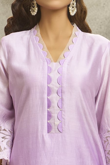Surabhi Arya_Purple Silk, Chanderi Pearls, Cut Work V-neck Kurta And Palazzo Set _Online_at_Aza_Fashions