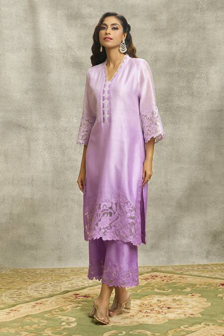 Buy_Surabhi Arya_Purple Silk, Chanderi Pearls, Cut Work V-neck Kurta And Palazzo Set _Online_at_Aza_Fashions