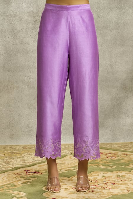 Shop_Surabhi Arya_Purple Silk, Chanderi Pearls, Cut Work V-neck Kurta And Palazzo Set _Online_at_Aza_Fashions