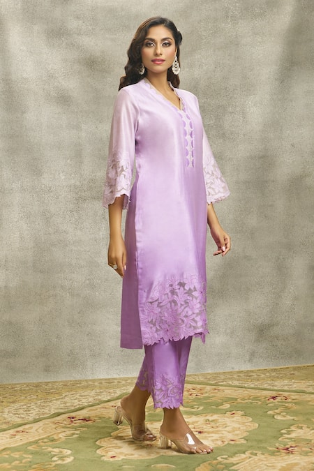 Surabhi Arya_Purple Silk, Chanderi Pearls, Cut Work V-neck Kurta And Palazzo Set _at_Aza_Fashions