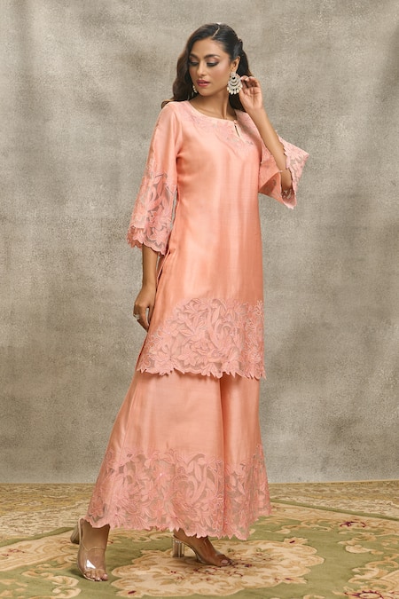 Buy_Surabhi Arya_Peach Silk, Organza, Chanderi Embroidery, Cut Kurta Set With Light Green Dupatta _Online_at_Aza_Fashions