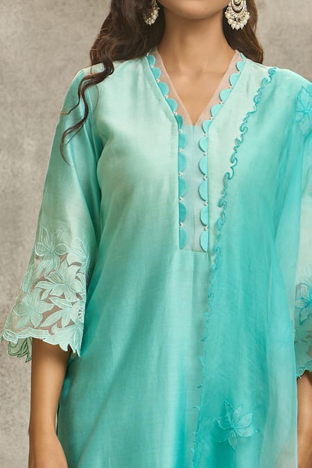 Surabhi Arya_Blue Silk, Organza, Chanderi Pearls, Embroidery, Floral Kurta Set With Dupatta _Online_at_Aza_Fashions