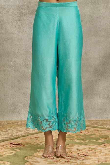 Buy_Surabhi Arya_Blue Silk, Organza, Chanderi Pearls, Embroidery, Floral Kurta Set With Dupatta _Online_at_Aza_Fashions