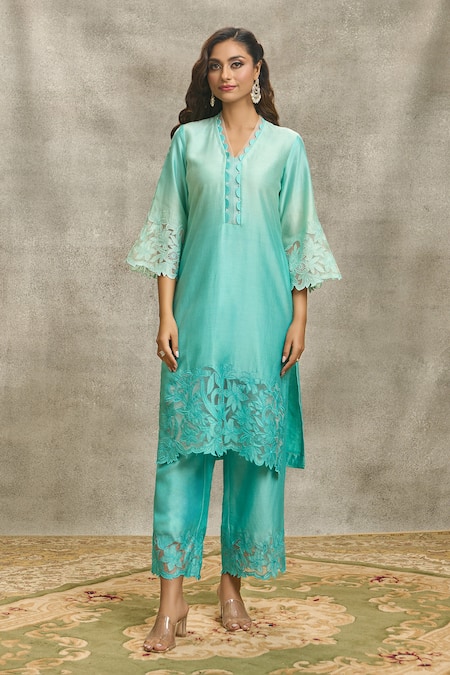 Shop_Surabhi Arya_Blue Silk, Organza, Chanderi Pearls, Embroidery, Floral Kurta Set With Dupatta _Online_at_Aza_Fashions