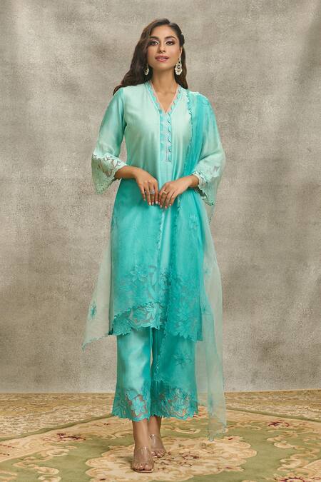 Surabhi Arya_Blue Silk, Organza, Chanderi Pearls, Embroidery, Floral Kurta Set With Dupatta _at_Aza_Fashions