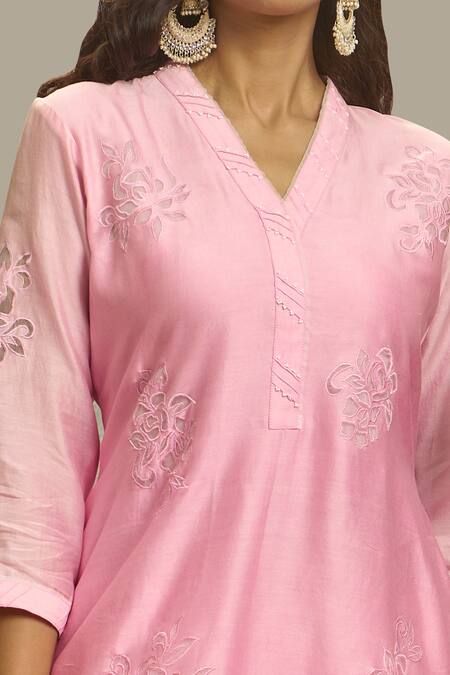 Buy_Surabhi Arya_Pink Silk, Chanderi Embroidery V-neck A-line Kurta Palazzo Set _Online_at_Aza_Fashions
