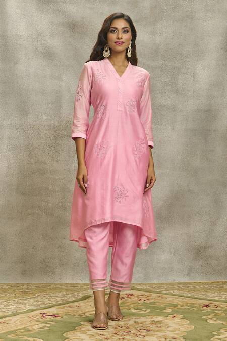 Shop_Surabhi Arya_Pink Silk, Chanderi Embroidery V-neck A-line Kurta Palazzo Set _Online_at_Aza_Fashions