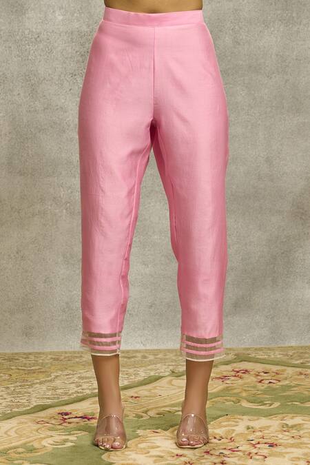 Surabhi Arya_Pink Silk, Chanderi Embroidery V-neck A-line Kurta Palazzo Set _at_Aza_Fashions