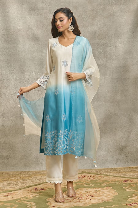 Surabhi Arya_Blue Silk, Organza, Chanderi Beads, Embroidery Round Dori Kurta Palazzo Set _Online_at_Aza_Fashions