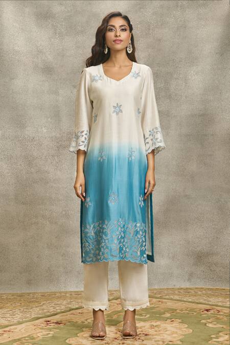 Buy_Surabhi Arya_Blue Silk, Organza, Chanderi Beads, Embroidery Round Dori Kurta Palazzo Set _Online_at_Aza_Fashions