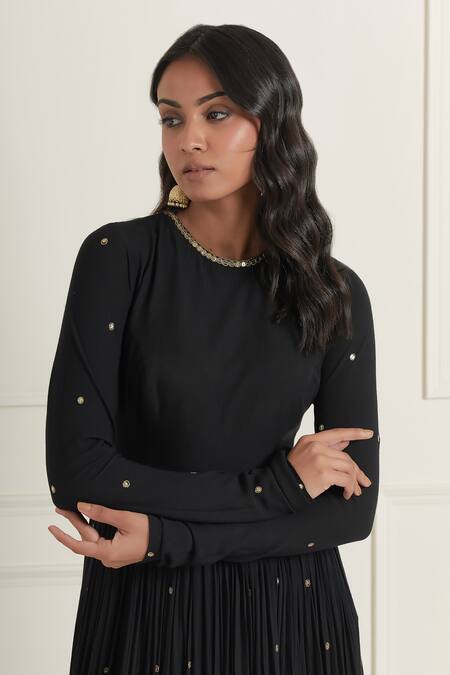 Ikshita Choudhary_Black Cotton Sequins, Zari Round Neck Embroidered Anarkali And Churidar Set_at_Aza_Fashions