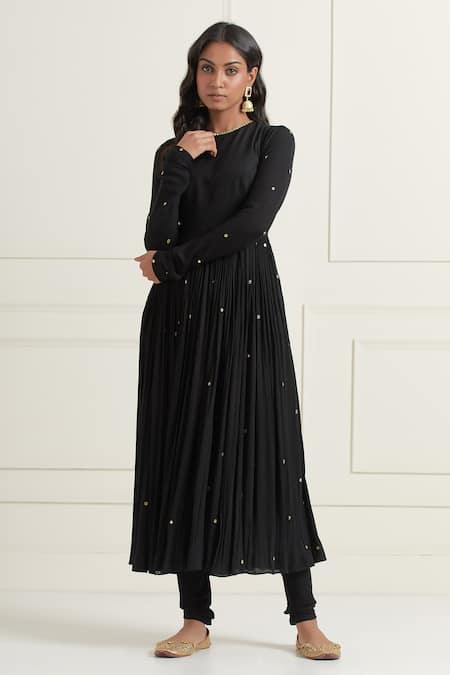 Shop_Ikshita Choudhary_Black Cotton Embroidery, Sequins, Zari Round Neck Gathered Anarkali Set_Online_at_Aza_Fashions