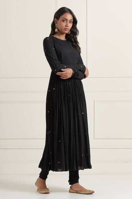 Ikshita Choudhary_Black Cotton Embroidery, Sequins, Zari Round Neck Gathered Anarkali Set_at_Aza_Fashions
