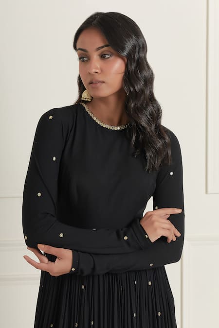 Buy_Ikshita Choudhary_Black Cotton Embroidery, Sequins, Zari Round Neck Gathered Anarkali Set