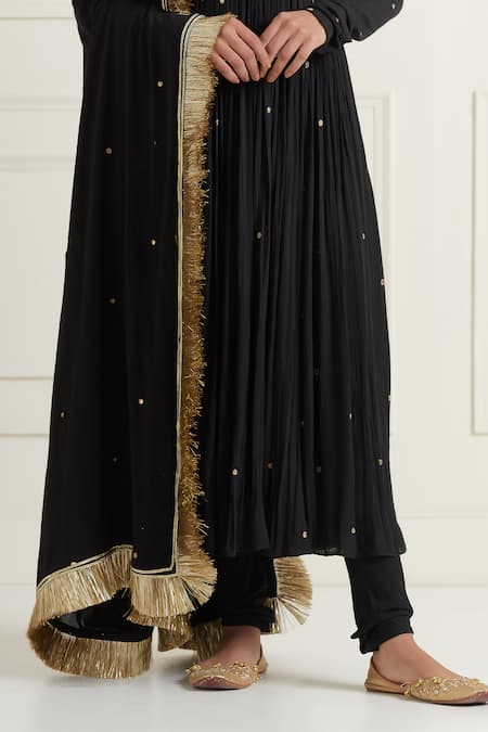 Shop_Ikshita Choudhary_Black Cotton Embroidery, Sequins, Zari Round Neck Gathered Anarkali Set