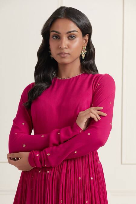 Buy_Ikshita Choudhary_Magenta Cotton Sequins, Zari Round Neck Work Gathered Anarkali_Online_at_Aza_Fashions