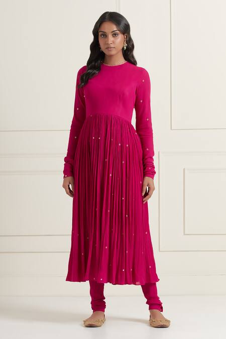Shop_Ikshita Choudhary_Magenta Wrinkle Cotton Hand Embroidered Sequin Round Work Gathered Anarkali Set_Online_at_Aza_Fashions