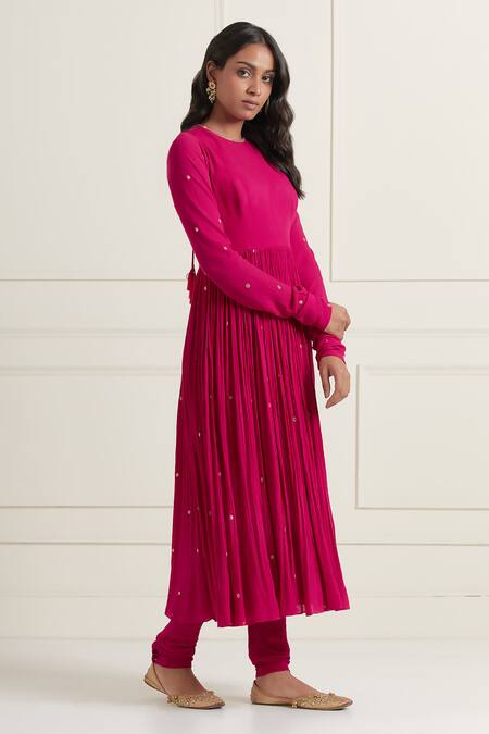 Ikshita Choudhary_Magenta Wrinkle Cotton Hand Embroidered Sequin Round Work Gathered Anarkali Set_at_Aza_Fashions
