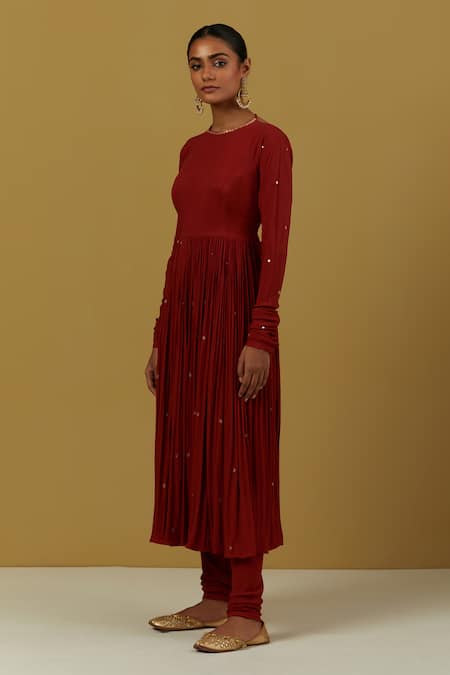 Shop_Ikshita Choudhary_Red Cotton Sequins, Zari Round Neck Gathered Embroidered Anarkali Churidar Set _Online_at_Aza_Fashions