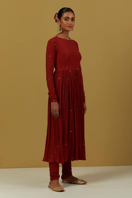 Ikshita Choudhary_Red Cotton Sequins, Zari Round Neck Gathered Embroidered Anarkali Churidar Set _at_Aza_Fashions