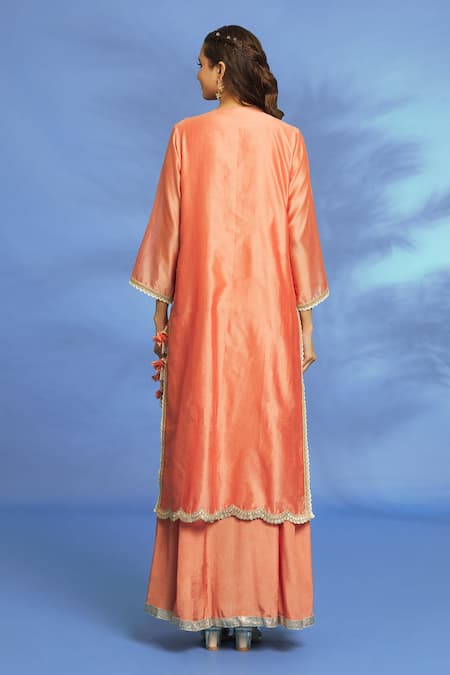 OMI Peach Silk Chanderi Hand Embroidered Mukaish Notched Yoke Tunic  2