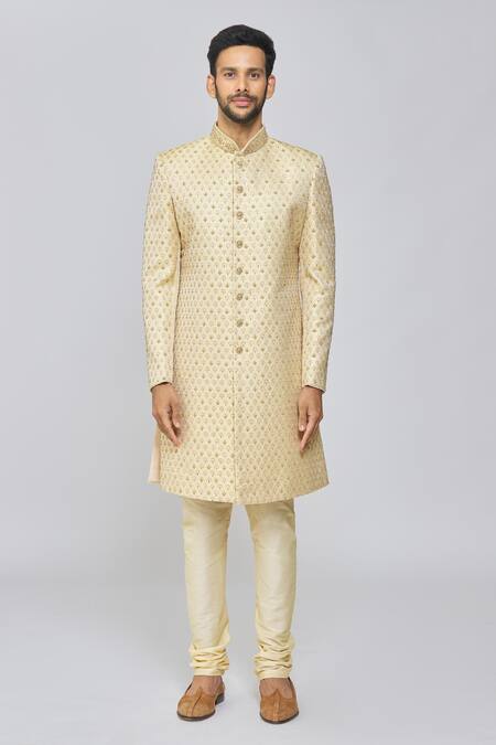 Arihant Rai Sinha_Beige Silk, Polyester Embroidery Floral Sherwani Set_Online_at_Aza_Fashions