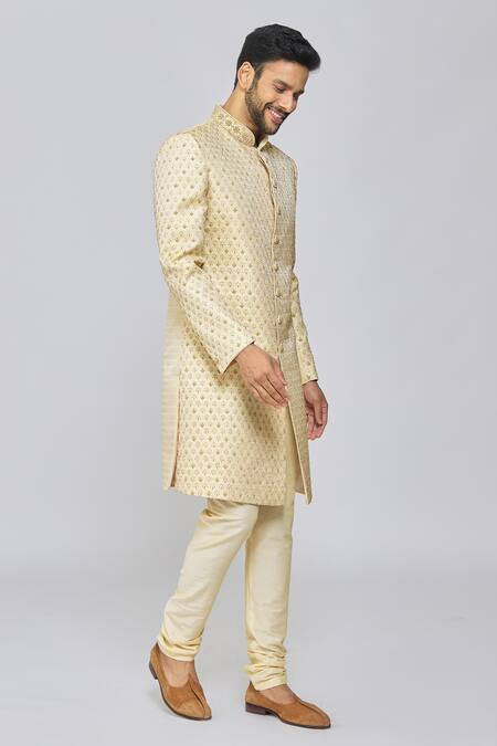 Buy_Arihant Rai Sinha_Beige Silk, Polyester Embroidery Floral Sherwani Set_Online_at_Aza_Fashions