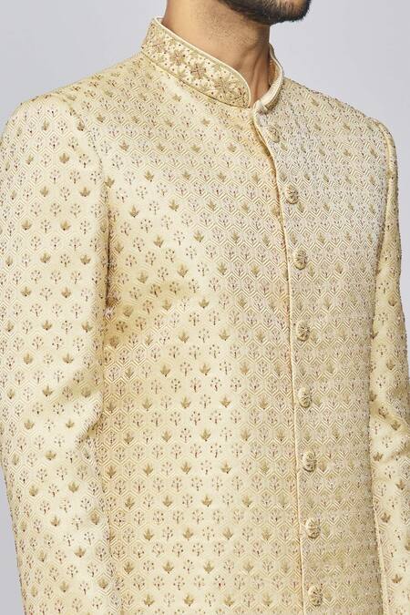 Shop_Arihant Rai Sinha_Beige Silk, Polyester Embroidery Floral Sherwani Set_Online_at_Aza_Fashions