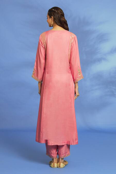 Shop OMI Pink Twill, Chiffon Embroidery Split V-neck Sleeve Kurta Pant Set at Aza Fashions Shop_OMI_Pink Twill, Chiffon Embroidery Split V-neck Sleeve Kurta Pant Set _at_Aza_Fashions