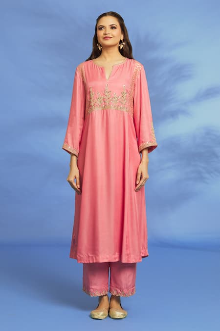 OMI Pink Twill, Chiffon Embroidery Split V-neck Sleeve Kurta Pant Set Online at Aza Fashions OMI_Pink Twill, Chiffon Embroidery Split V-neck Sleeve Kurta Pant Set _Online_at_Aza_Fashions