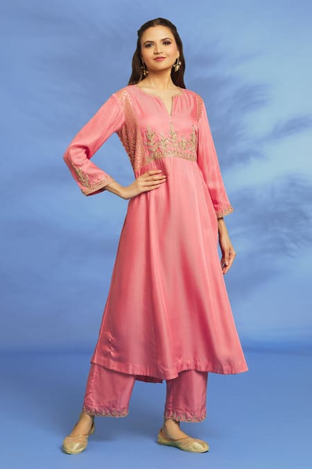 Shop OMI Pink Twill, Chiffon Embroidery Split V-neck Sleeve Kurta Pant Set Online at Aza Fashions Shop_OMI_Pink Twill, Chiffon Embroidery Split V-neck Sleeve Kurta Pant Set _Online_at_Aza_Fashions