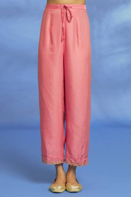 OMI Pink Twill, Chiffon Embroidery Split V-neck Sleeve Kurta Pant Set at Aza Fashions OMI_Pink Twill, Chiffon Embroidery Split V-neck Sleeve Kurta Pant Set _at_Aza_Fashions