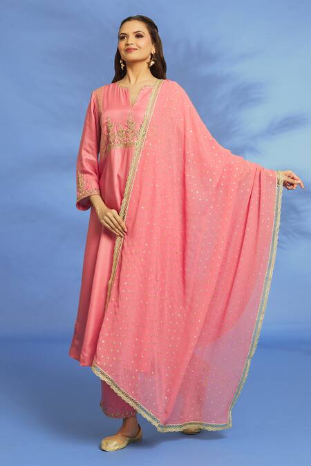 OMI Pink Twill, Chiffon Embroidery Split V-neck Sleeve Kurta Pant Set