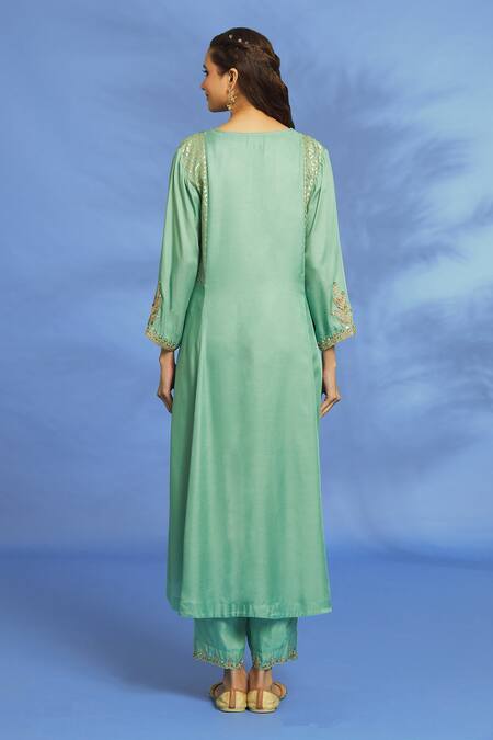 Shop_OMI_Blue Twill, Chiffon Embroidery Split V-neck Sleeve Hand Kurta Pant Set _at_Aza_Fashions