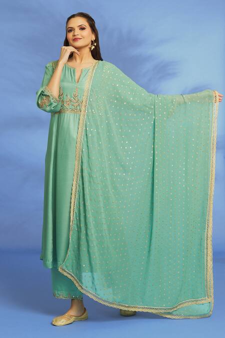 Buy_OMI_Blue Twill, Chiffon Embroidery Split V-neck Sleeve Hand Kurta Pant Set _Online_at_Aza_Fashions