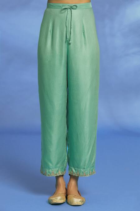 OMI_Blue Twill, Chiffon Embroidery Split V-neck Sleeve Hand Kurta Pant Set _at_Aza_Fashions