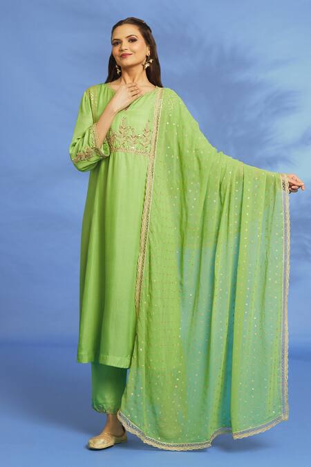 Buy OMI Green Twill Embroidery Split V-neck Hand Kurta Pant Set Online at Aza Fashions Buy_OMI_Green Twill Embroidery Split V-neck Hand Kurta Pant Set _Online_at_Aza_Fashions