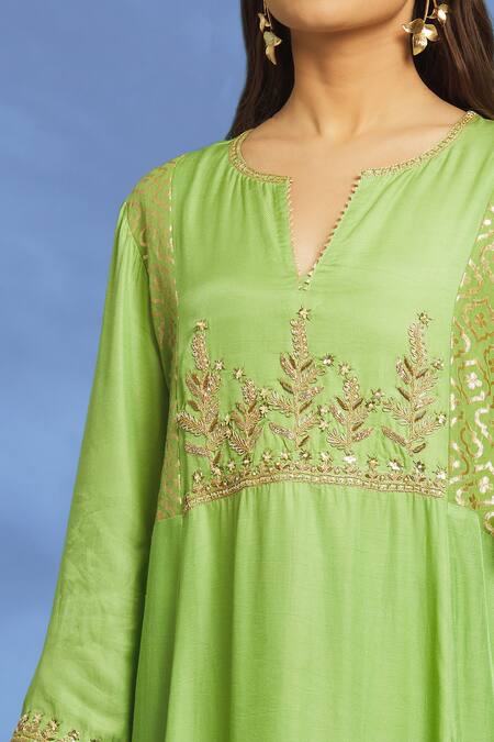 Shop OMI Green Twill Embroidery Split V-neck Hand Kurta Pant Set Online at Aza Fashions Shop_OMI_Green Twill Embroidery Split V-neck Hand Kurta Pant Set _Online_at_Aza_Fashions