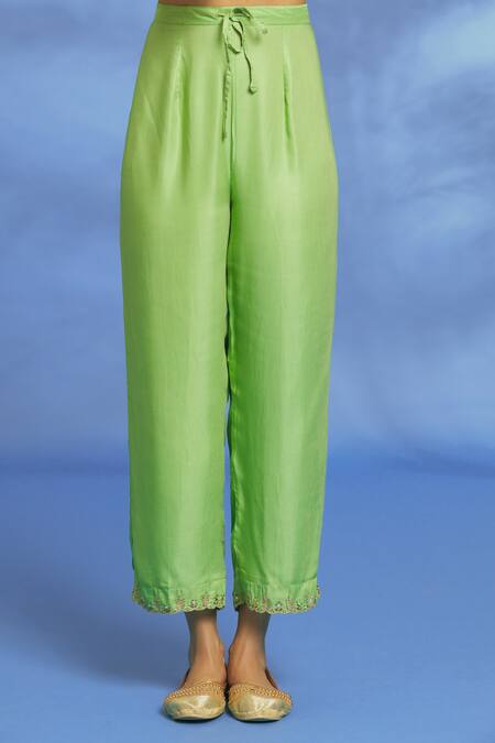 OMI Green Twill Embroidery Split V-neck Hand Kurta Pant Set at Aza Fashions OMI_Green Twill Embroidery Split V-neck Hand Kurta Pant Set _at_Aza_Fashions