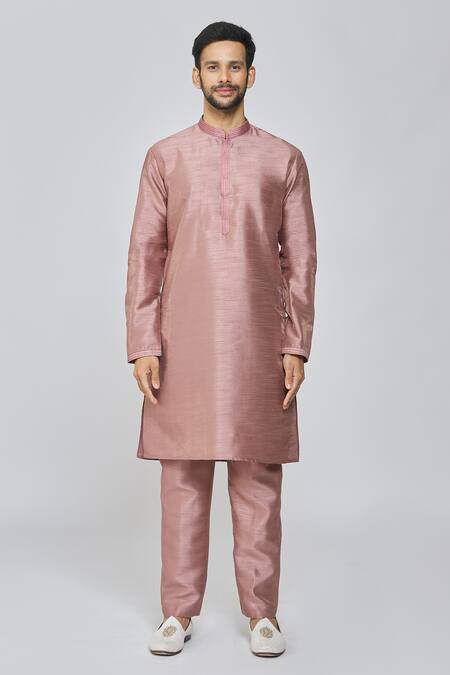 Arihant Rai Sinha_Pink Silk, Polyester Embroidery Flora Front Open Sherwani Set_Online_at_Aza_Fashions