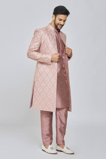Buy_Arihant Rai Sinha_Pink Silk, Polyester Embroidery Flora Front Open Sherwani Set_Online_at_Aza_Fashions
