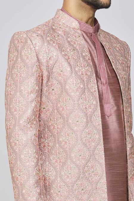 Shop_Arihant Rai Sinha_Pink Silk, Polyester Embroidery Flora Front Open Sherwani Set_Online_at_Aza_Fashions