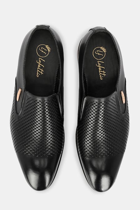 Shop_Lafattio_Black Textured Moccasins _at_Aza_Fashions