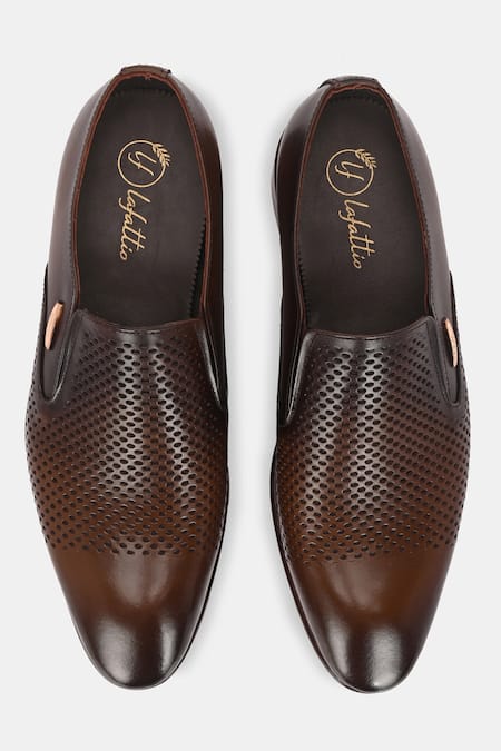 Shop_Lafattio_Brown Textured Leather Moccasins  _at_Aza_Fashions
