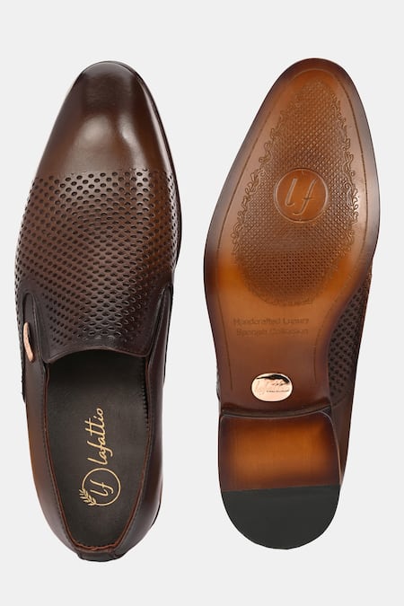 Lafattio_Brown Textured Leather Moccasins  _at_Aza_Fashions