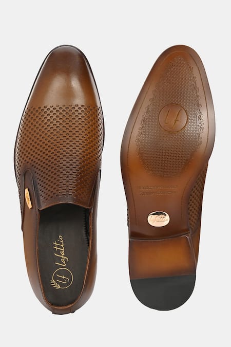 Lafattio_Brown Leather Textured Moccasins _at_Aza_Fashions