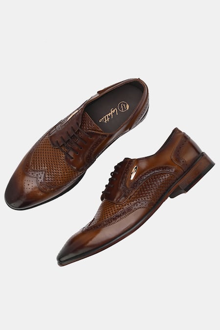 Lafattio_Brown Lace Up Textured Shoes  _Online_at_Aza_Fashions
